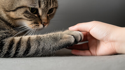 Close-up of a human hand gently holding a cat's paw, showing affectionate interaction between a person and a striped tabby cat, with a focus on the cat's whiskers and paws.