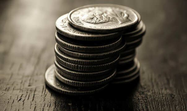 stack of US dimes on wooden table