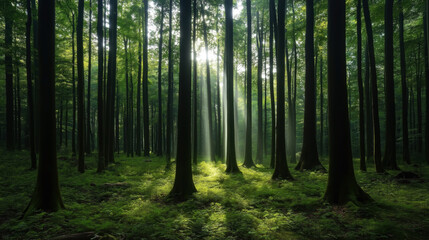 Fototapeta premium Sunlight streaming through a dense forest of tall trees with lush green foliage and a verdant forest floor covered in ferns and undergrowth.