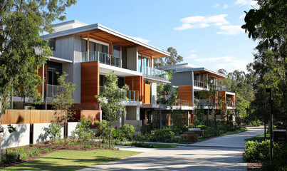 Fototapeta premium Modern apartment complex with lush landscaping and paved walkway