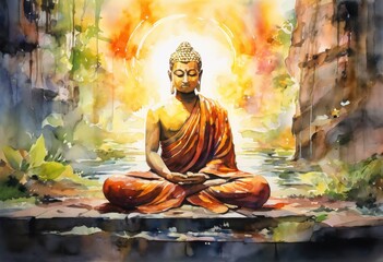 A serene watercolor depiction of a meditating Buddha, surrounded by vibrant colors and a warm glowing background, symbolizing peace and tranquility