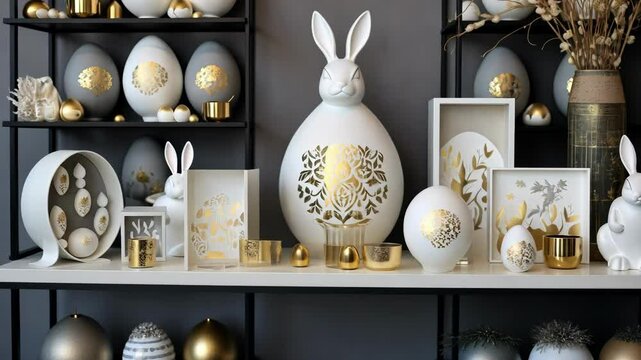 White Easter eggs with a golden pattern with rabbits. Trend. concept of a happy Easter.