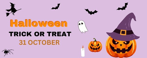 Happy Halloween Background with Pumpkin Jack-O'-Lantern, Witch Hat, Ghosts, and Spooky Decorations. Perfect for Trick or Treat Celebrations, Holiday Parties, and October 31st Festivities. 