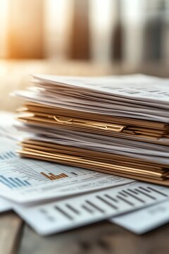 Close-up of a stack of office documents and reports placed on a wooden desk with warm lighting, symbolizing paperwork and business analysis.