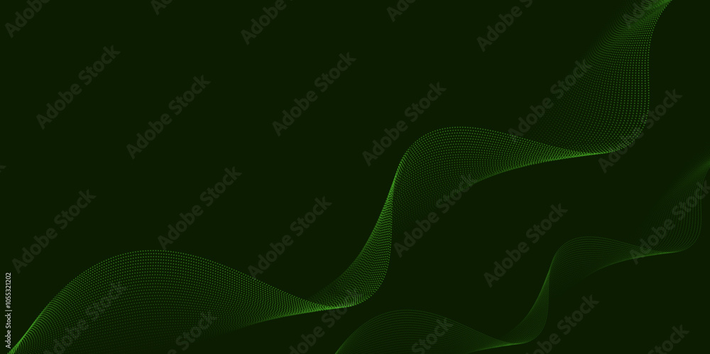 Poster emerald green particle wave design with flowing lines and textured details, ideal for modern digital
