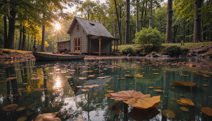 Obraz premium Rustic cabin by pond in forest at sunset