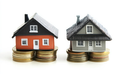 Two miniature houses, one red and one grey, standing on piles of coins. This symbolizes cost of real estate