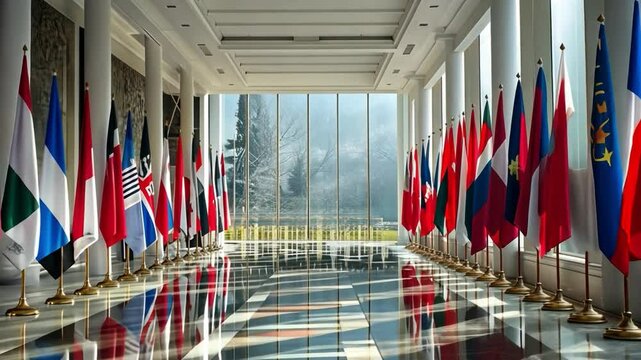 International flags in sunlit corridor with reflections and wide panoramic view