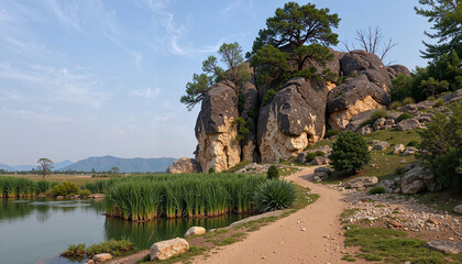 Scenic pathway by lake with rocky cliffs and trees
