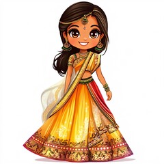 A cute Indian cartoon girl in a traditional lehenga, smiling brightly