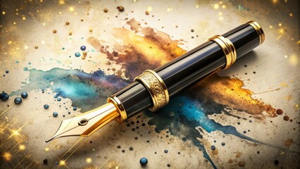 Elegant fountain pen poised against a white backdrop, with ink splatters capturing classic writing tools, calligraphy artistry, and the timeless charm of stationery.