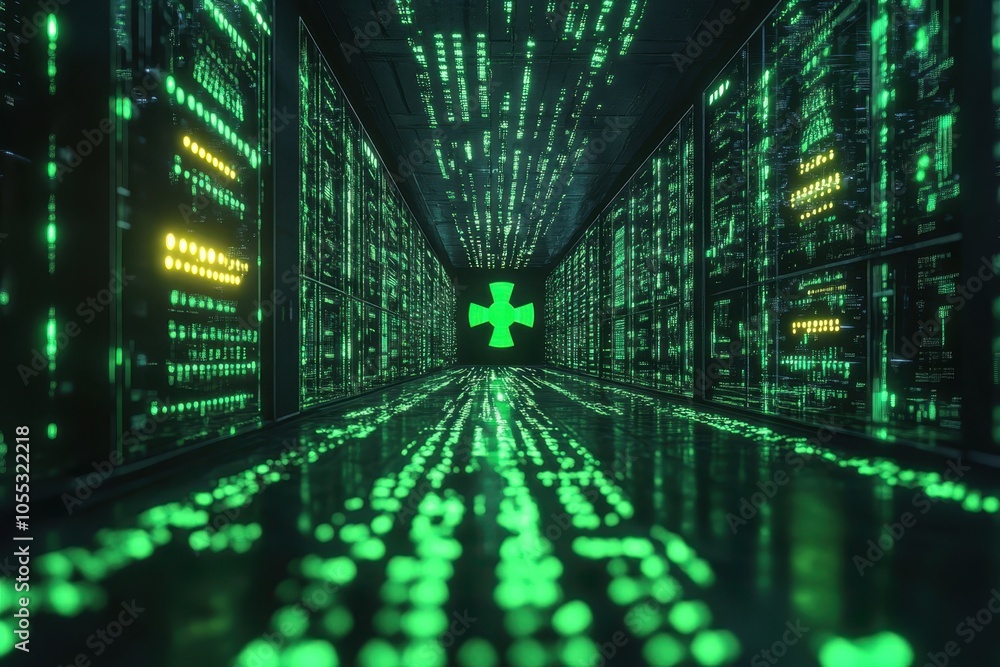 Poster illuminated data center corridor with vibrant green lights and digital patterns at night