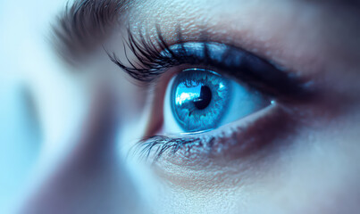 Close up of womans blue eye. eye is looking off to side, with thoughtful expression