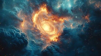 A fiery spiral of light pierces through dark clouds in a celestial scene.