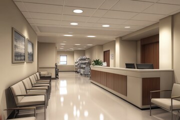A hospital lobby with a reception desk and several chairs