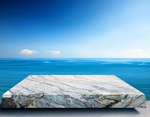 Elegant marble platform with a blue sky and fluffy clouds as the backdrop, ideal for product showcases