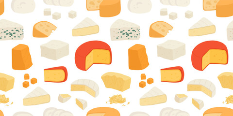 Various types of cheese seamless pattern realistic vector illustration. Cottage cheeses collection. Curd product for design, recipe book, advertising or restaurant menu