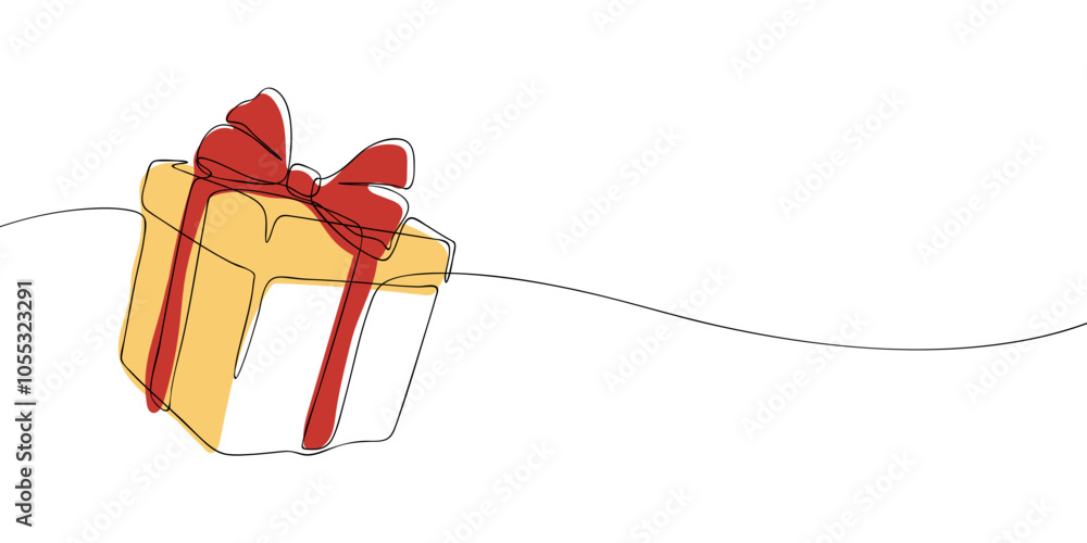Poster a single line drawing of a gift box. continuous line christmas icon in color. one line icon. vector 
