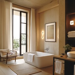 Modern Minimalistic Bathroom with Freestanding Bathtub and Large Window Overlooking Lush Greenery