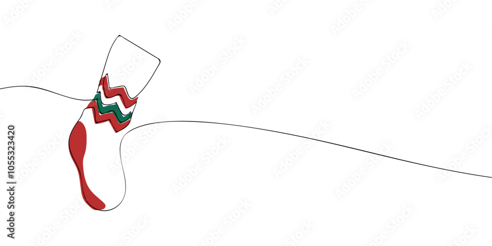 Poster a single line drawing of a a christmas stocking. continuous line christmas sock icon in color. one l