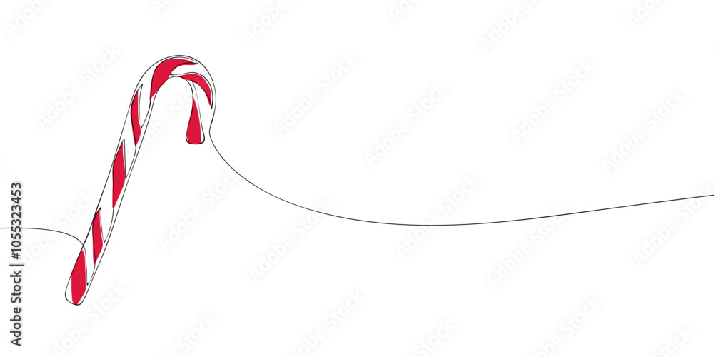 Poster a single line drawing of a a candy cane. continuous line christmas icon in color. one line icon. vec