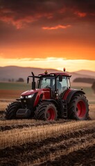 Obraz premium Powerful Red Tractor Plowing Field at Sunset, Agricultural Landscape, Farming Industry
