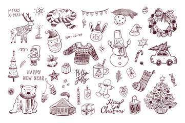 Merry Christmas and Happy New Year. Cute hand drawn elements. Vector line illustration.