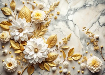 Elegant vintage photography featuring white flowers and golden leaves on marble, showcasing a luxurious floral arrangement that embodies natural beauty and timeless sophistication in home decor.