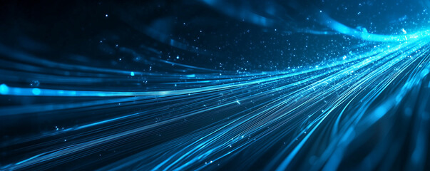 Futuristic abstract blue and neon light streaks flowing across a dark background. High-tech, minimalistic digital art perfect as a blue wallpaper for modern designs and tech-inspired themes.