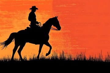Silhouette of a Cowboy on Horseback Against a Sunset