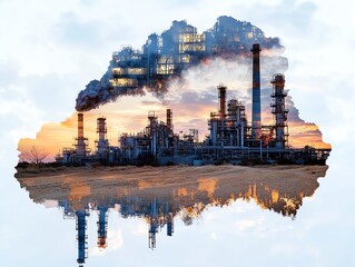 Naklejka premium Double exposure of an industrial refinery with smoke stacks and a reflective water surface at sunset with dramatic clouds.