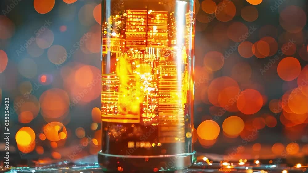 Poster a glowing bottle surrounded by fiery elements and glowing particles, creating a dramatic, intense vi