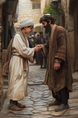 Muslim and Jewish people talking on city street