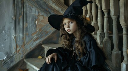 Obraz premium Little Girl in Witch Costume - an adorable and enchanting Halloween scene. The girl’s witch costume captures a playful and festive spirit.
