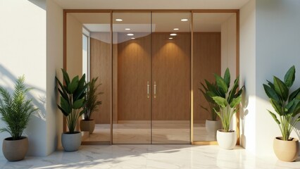 Fototapeta premium Tranquil Wellness Center Entrance with Minimalist Design and Plants