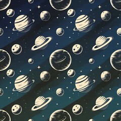 Stylized retro space objects vector seamless background