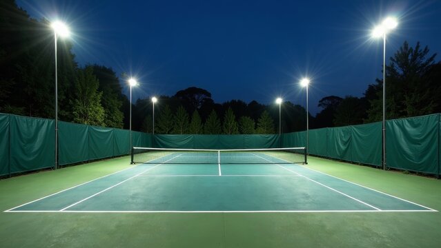 Night View of a Spacious Tennis Court with Lights