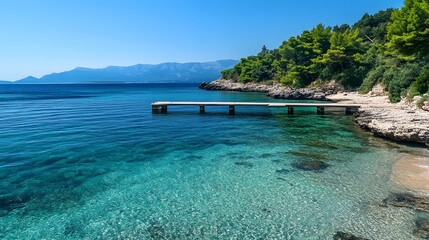A beach with crystal-clear water and a jetty extending out over the sea