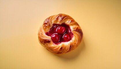 Golden, Flaky Cherry Danish Pastry with Juicy Whole Cherries and Glaze. Perfect Stock Image for Bakery Marketing, Food Blogs, Menus, and Breakfast Promotions on Pastel Background