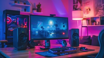 Neon Lit Gaming Setup with Futuristic Cityscape on Monitor