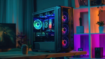 RGB Lit Gaming PC Tower in a Home Setup