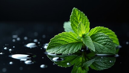 Fresh Mint Leaf with Beautiful Water Droplets on a Glossy Black Surface