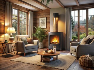 Experience the warmth of a stylish pellet and wood stove, blending modern living with rustic charm in a cozy room that radiates comfort and inviting ambiance.