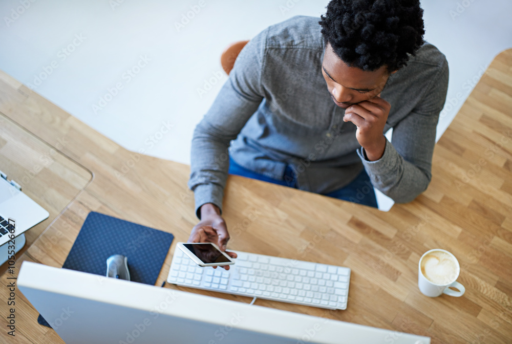Poster Computer, creative and phone with black man in office for service designer, workflow mapping and website ui. Project management, target audience and feedback with person and above for startup