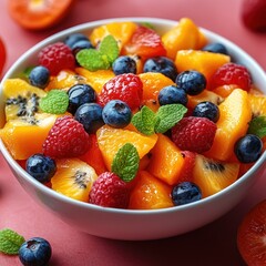 Fresh Fruit Salad with Orange, Kiwi, Raspberries, Blueberries, and Mint