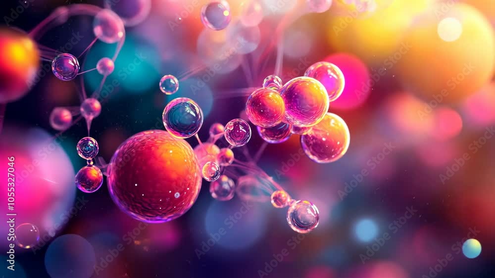 Poster colorful spheres and lines form a complex structure in a blurry, colorful background