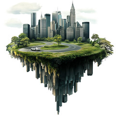 A floating island with a city, roads, and greenery on a transparent background