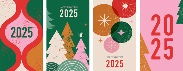 Merry Christmas and Happy New Year 2025. Set of cards, story templates, cards, posters. Abstract background with typography , minimalist Christmas decorations, trees and ornaments elements. Hand drawn
