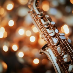 Saxophone Close-up Over a Warm Golden Bokeh Background Jazz Music, Holiday Party, Christmas Theme