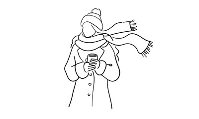 Winter girl continuous line art drawing isolated on white background. Beautiful lady outline. Vector illustration	